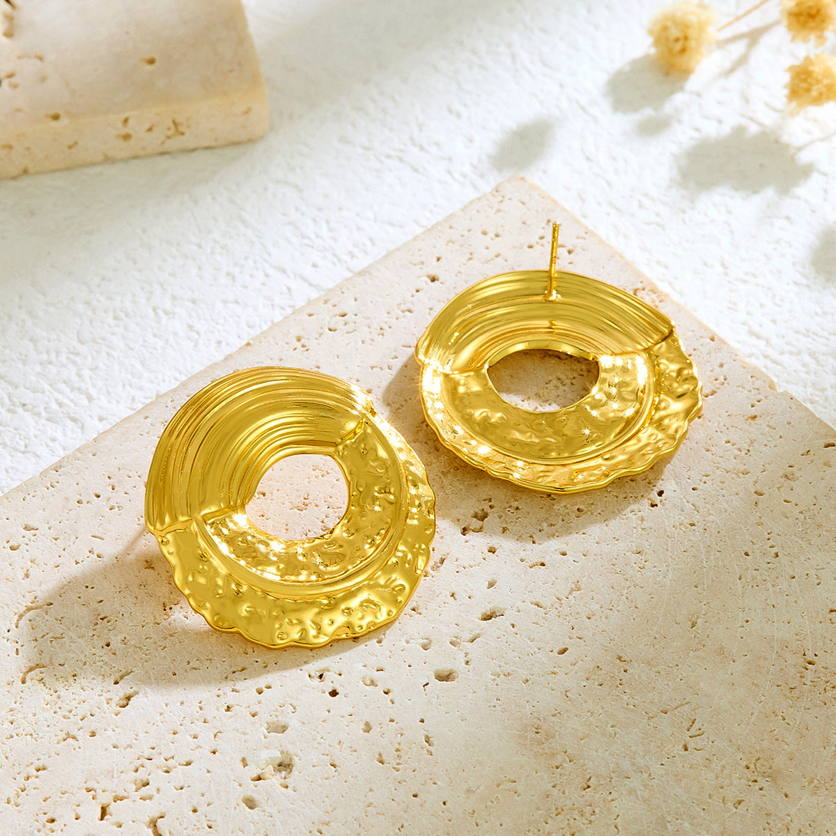 Golden Ripple Hammered Hoops – 18K Gold Plated